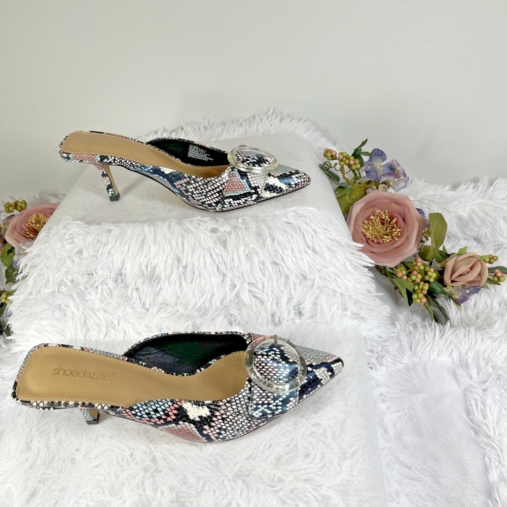 ShoeDazzle Shanell Womens 10/EU 41 Snakeskin Pointed Toe Kitten Heel Mule Pumps